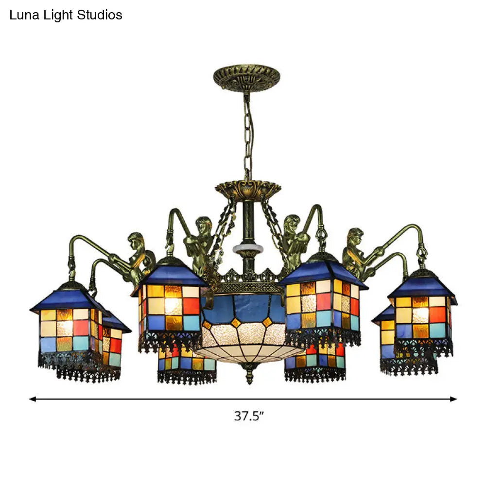 Blue Stained Glass Chandelier Light Fixture for Living Room - Mediterranean House Ceiling Light with 5/9/11 Lights