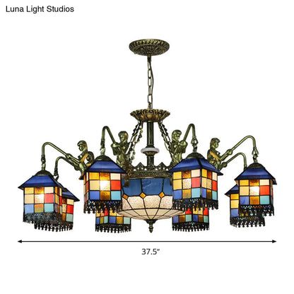 Blue Stained Glass Chandelier Light Fixture for Living Room - Mediterranean House Ceiling Light with 5/9/11 Lights