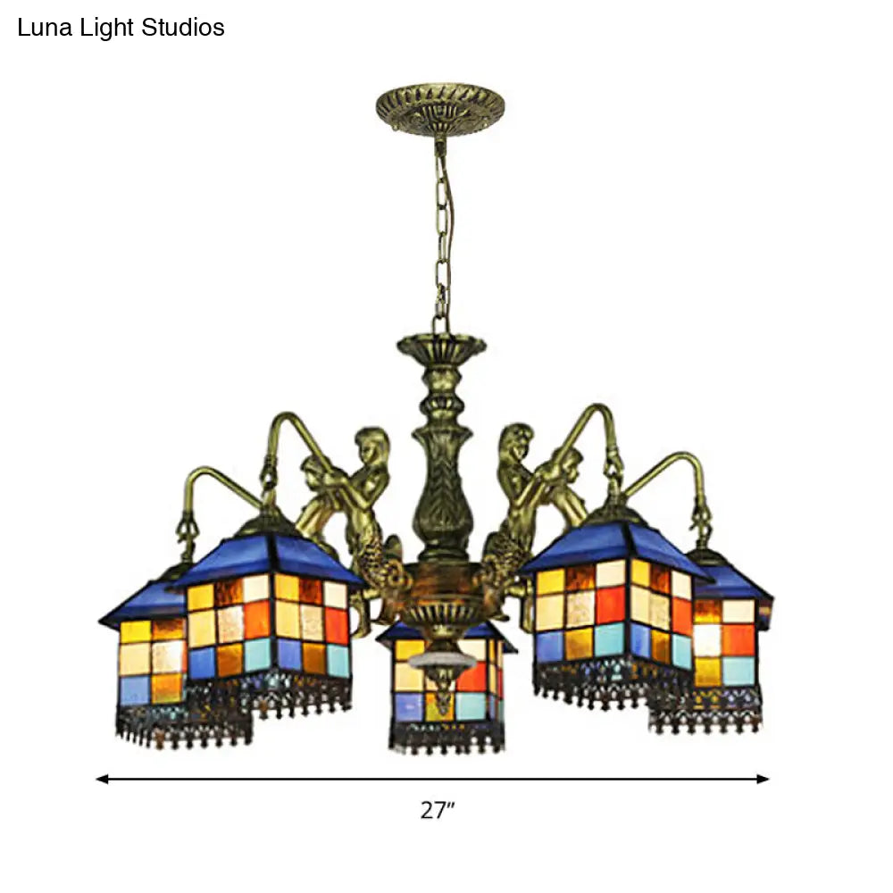 Blue Stained Glass Chandelier Light Fixture for Living Room - Mediterranean House Ceiling Light with 5/9/11 Lights