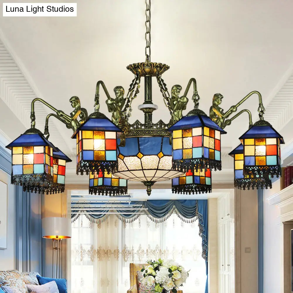 Blue Stained Glass Chandelier Light Fixture for Living Room - Mediterranean House Ceiling Light with 5/9/11 Lights