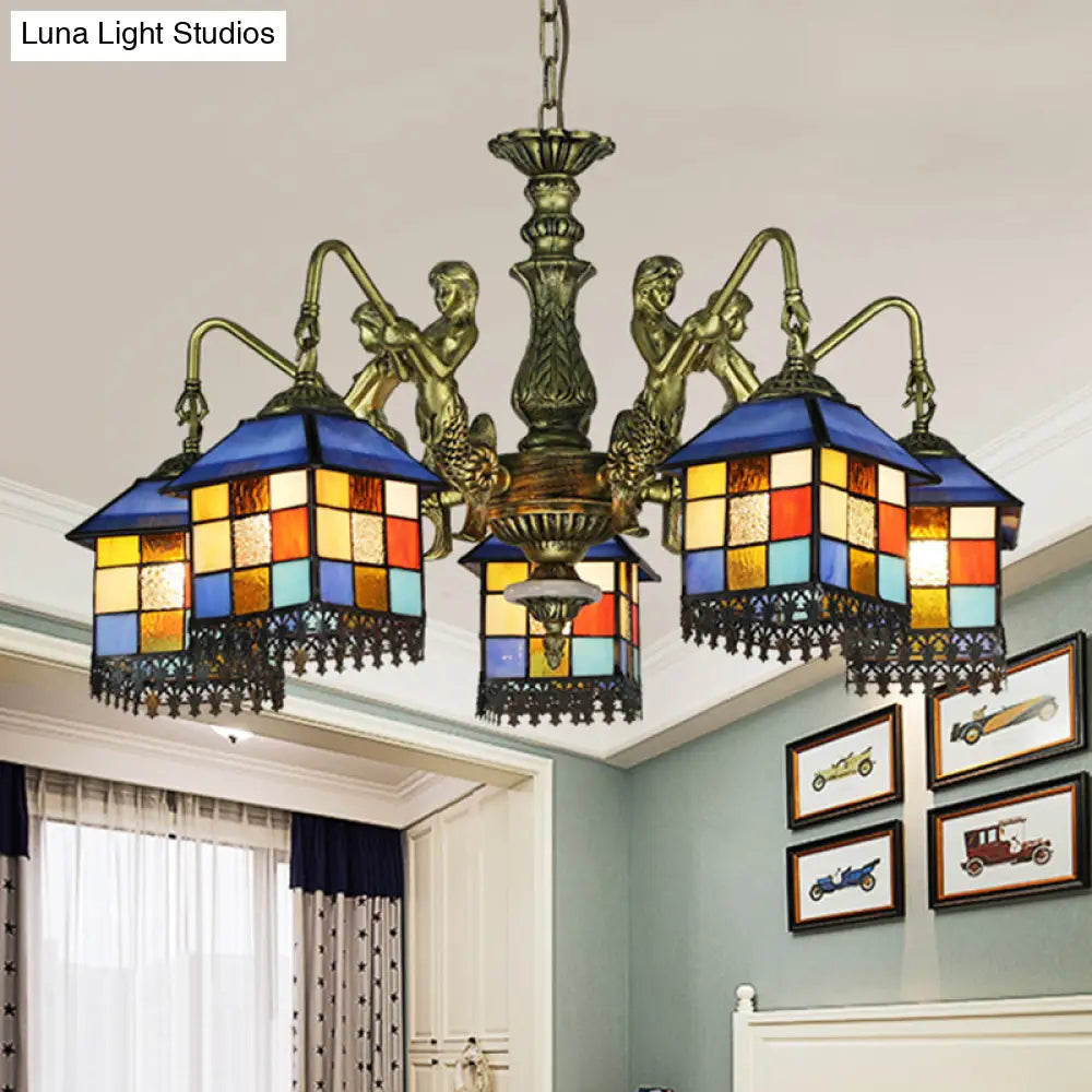 Blue Stained Glass Chandelier Light Fixture for Living Room - Mediterranean House Ceiling Light with 5/9/11 Lights