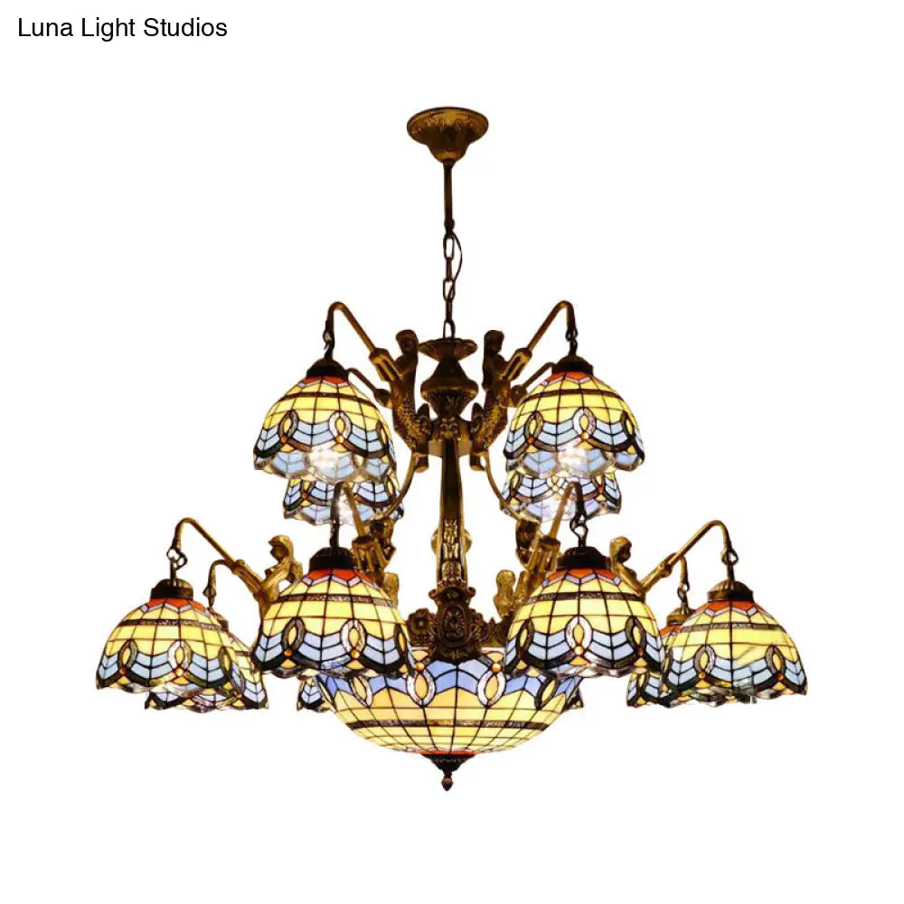 Blue Stained Glass Chandelier - Tiffany Style with 15 Lights and Baroque/Magnolia Pattern