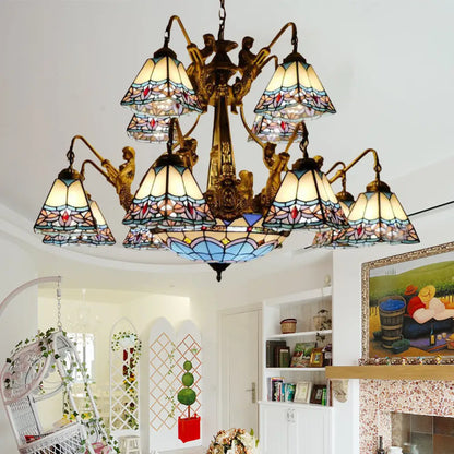 Blue Stained Glass Chandelier - Tiffany Style with 15 Lights and Baroque/Magnolia Pattern
