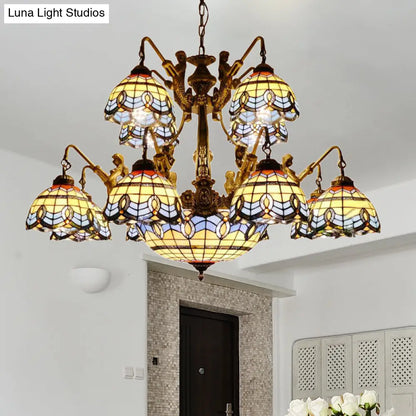 Blue Stained Glass Chandelier - Tiffany Style with 15 Lights and Baroque/Magnolia Pattern