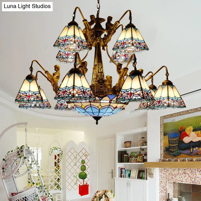 Blue Stained Glass Chandelier - Tiffany Style with 15 Lights and Baroque/Magnolia Pattern