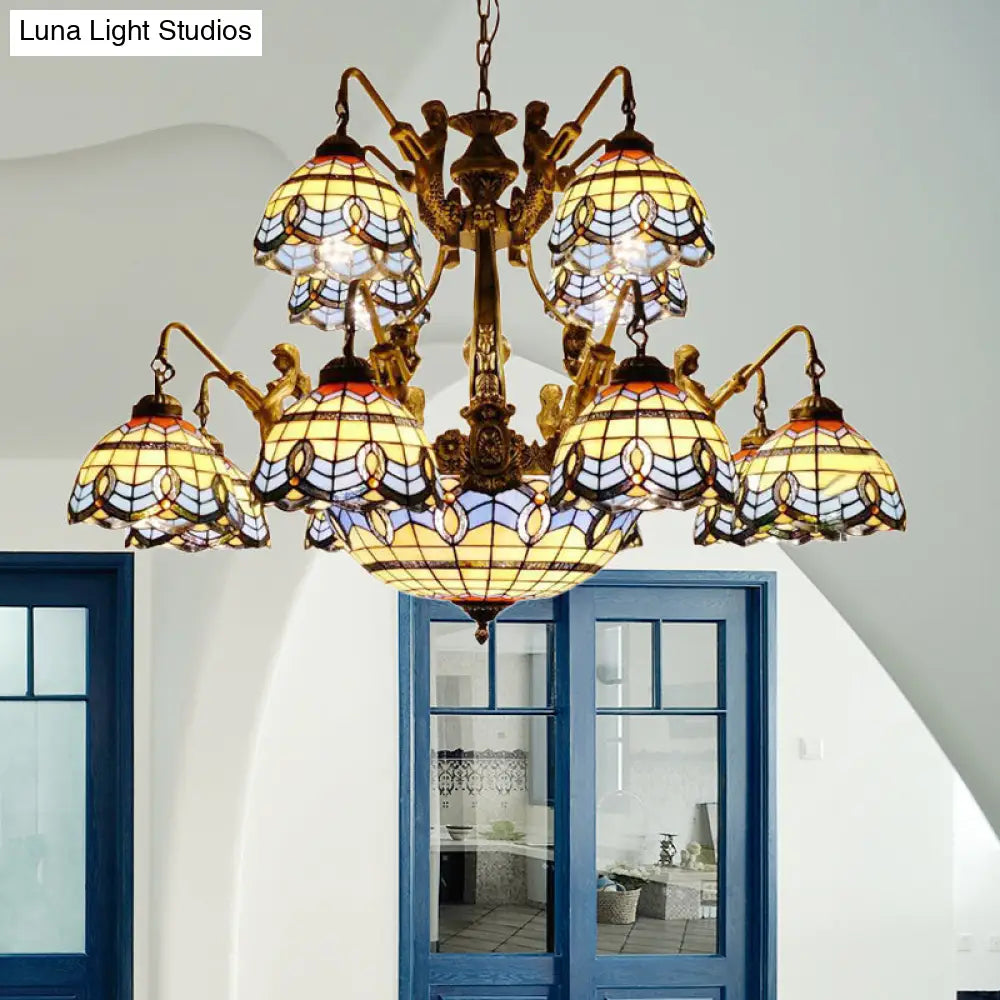 Blue Stained Glass Chandelier - Tiffany Style with 15 Lights and Baroque/Magnolia Pattern