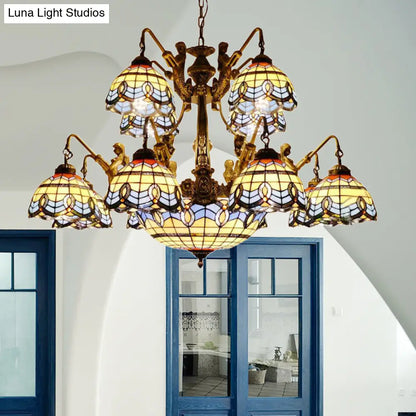 Blue Stained Glass Chandelier - Tiffany Style with 15 Lights and Baroque/Magnolia Pattern