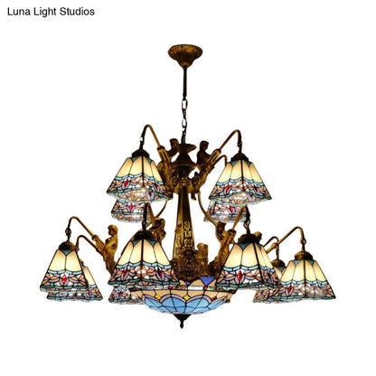 Blue Stained Glass Chandelier - Tiffany Style with 15 Lights and Baroque/Magnolia Pattern