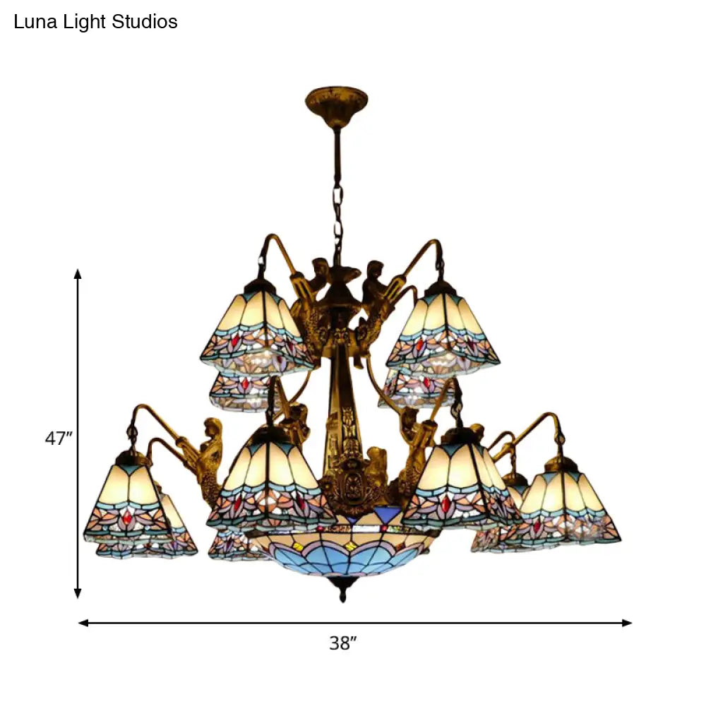 Blue Stained Glass Chandelier - Tiffany Style with 15 Lights and Baroque/Magnolia Pattern