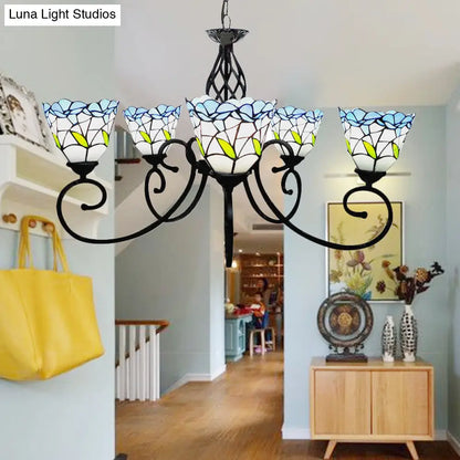 Lámpara de araña de vitral azul con 5 colgantes florales estilo Tiffany - Perfecta para techos de sala de estar