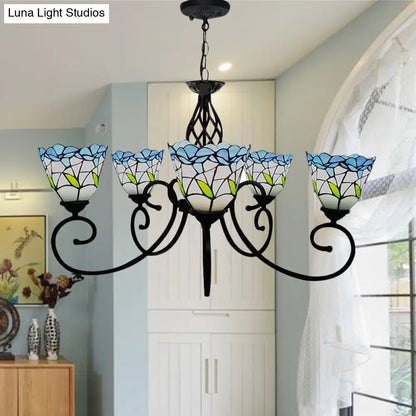 Lámpara de araña de vitral azul con 5 colgantes florales estilo Tiffany - Perfecta para techos de sala de estar