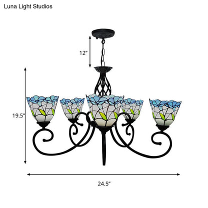 Lámpara de araña de vitral azul con 5 colgantes florales estilo Tiffany - Perfecta para techos de sala de estar