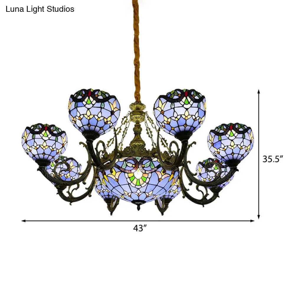 Lámpara de araña de vitral azul con pantalla en forma de campana y cúpula para sala de estar, inspirada en las luces conmemorativas del 11-S.