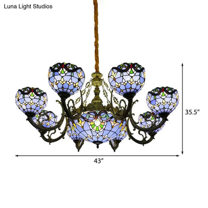 Lámpara de araña de vitral azul con pantalla en forma de campana y cúpula para sala de estar, inspirada en las luces conmemorativas del 11-S.