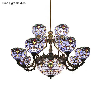 Lámpara de araña de vitral azul con pantalla en forma de campana y cúpula para sala de estar, inspirada en las luces conmemorativas del 11-S.