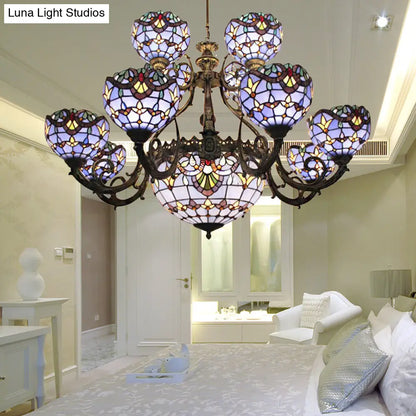 Lámpara de araña de vitral azul con pantalla en forma de campana y cúpula para sala de estar, inspirada en las luces conmemorativas del 11-S.