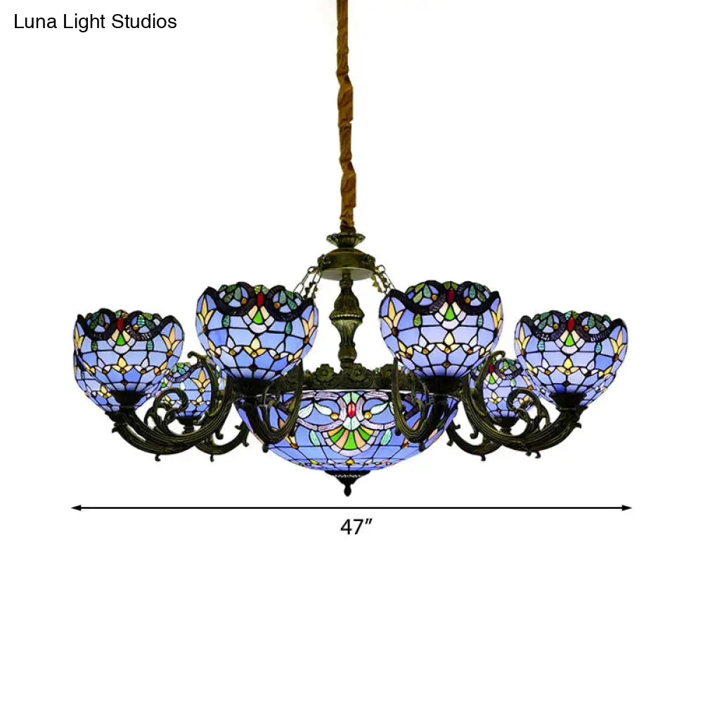 Lámpara de araña de vitral azul con pantalla en forma de campana y cúpula para sala de estar, inspirada en las luces conmemorativas del 11-S.