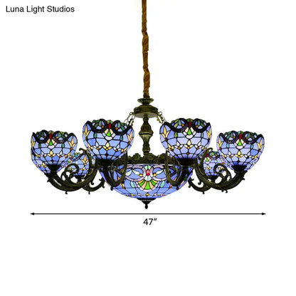 Lámpara de araña de vitral azul con pantalla en forma de campana y cúpula para sala de estar, inspirada en las luces conmemorativas del 11-S.