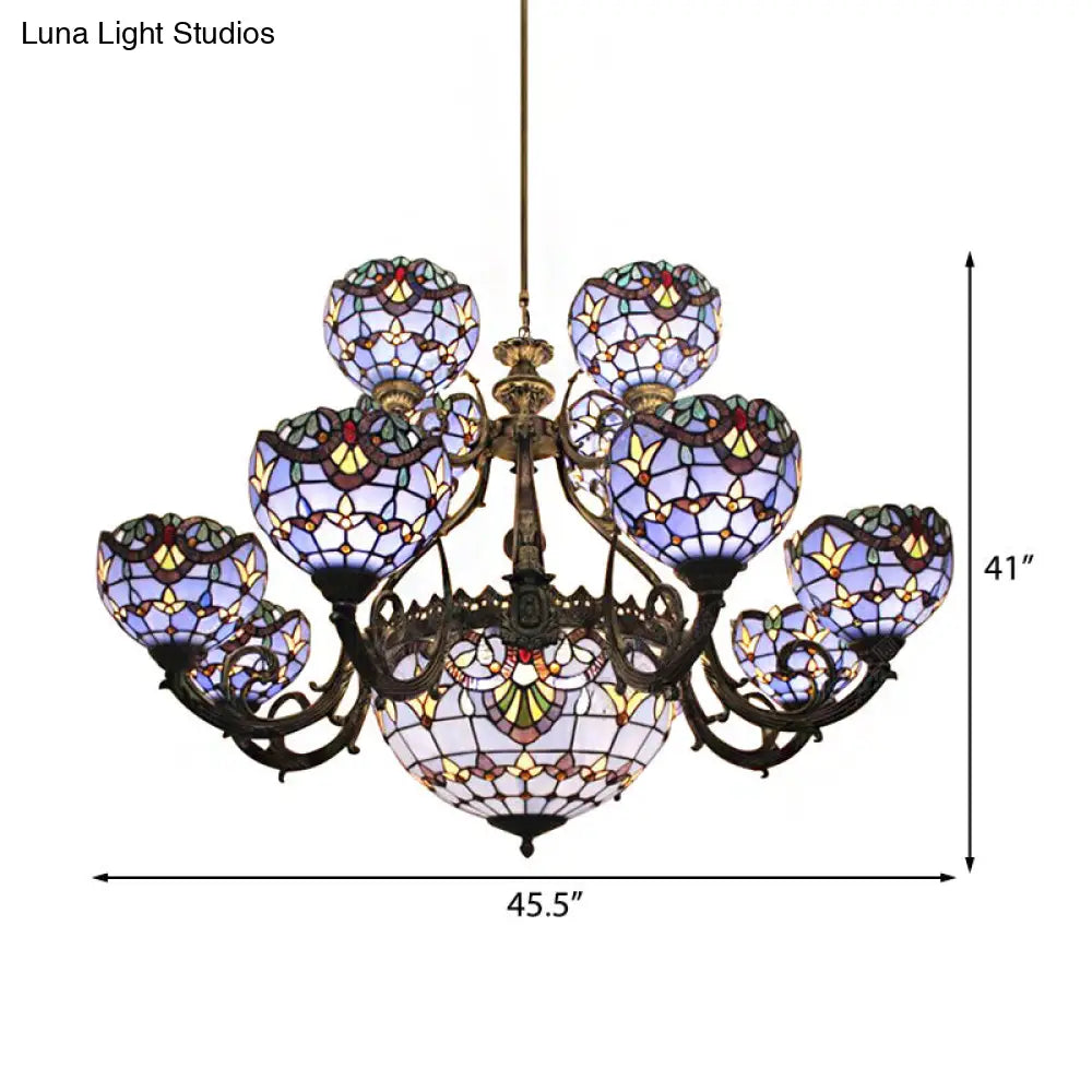 Lámpara de araña de vitral azul con pantalla en forma de campana y cúpula para sala de estar, inspirada en las luces conmemorativas del 11-S.