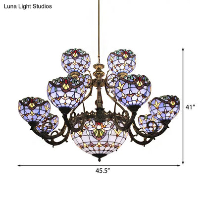 Lámpara de araña de vitral azul con pantalla en forma de campana y cúpula para sala de estar, inspirada en las luces conmemorativas del 11-S.