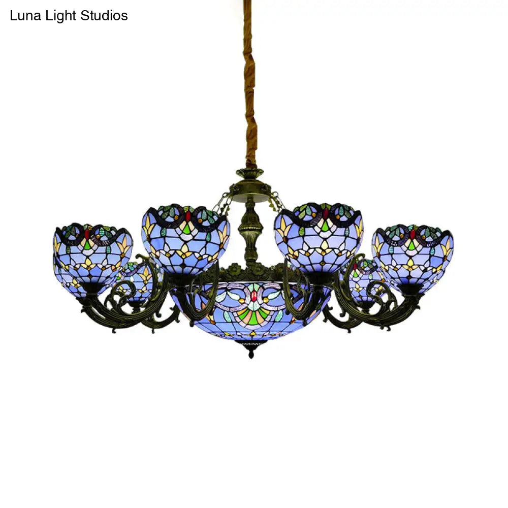 Lámpara de araña de vitral azul con pantalla en forma de campana y cúpula para sala de estar, inspirada en las luces conmemorativas del 11-S.