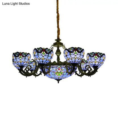 Lámpara de araña de vitral azul con pantalla en forma de campana y cúpula para sala de estar, inspirada en las luces conmemorativas del 11-S.