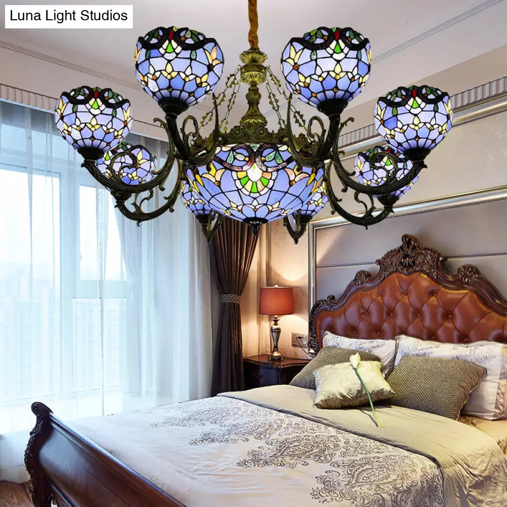 Lámpara de araña de vitral azul con pantalla en forma de campana y cúpula para sala de estar, inspirada en las luces conmemorativas del 11-S.