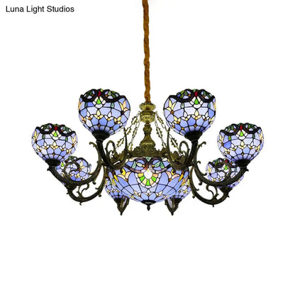 Lámpara de araña de vitral azul con pantalla en forma de campana y cúpula para sala de estar, inspirada en las luces conmemorativas del 11-S.