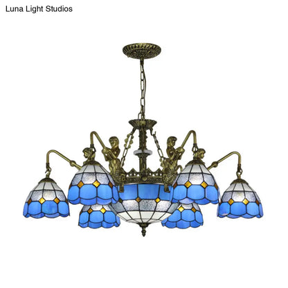 Blue Stained Glass Chandelier with Grid Pattern and Baroque Suspension - 5/9/11 Lights