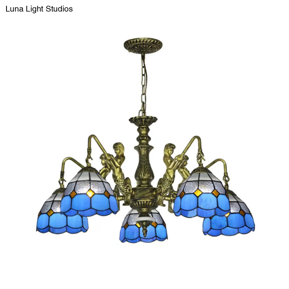 Blue Stained Glass Chandelier with Grid Pattern and Baroque Suspension - 5/9/11 Lights