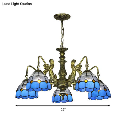 Blue Stained Glass Chandelier with Grid Pattern and Baroque Suspension - 5/9/11 Lights