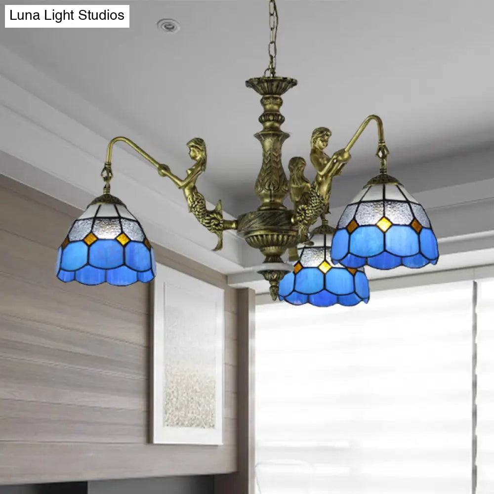 Blue Stained Glass Chandelier with Grid Pattern and Baroque Suspension - 5/9/11 Lights