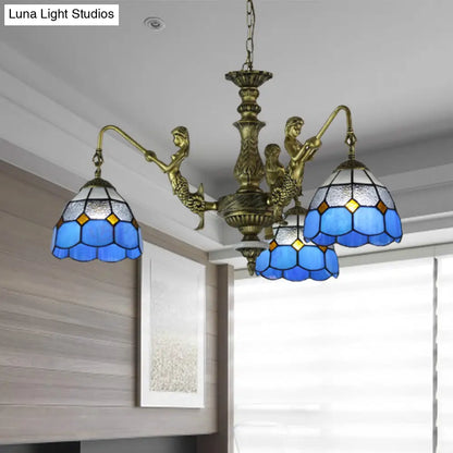 Blue Stained Glass Chandelier with Grid Pattern and Baroque Suspension - 5/9/11 Lights