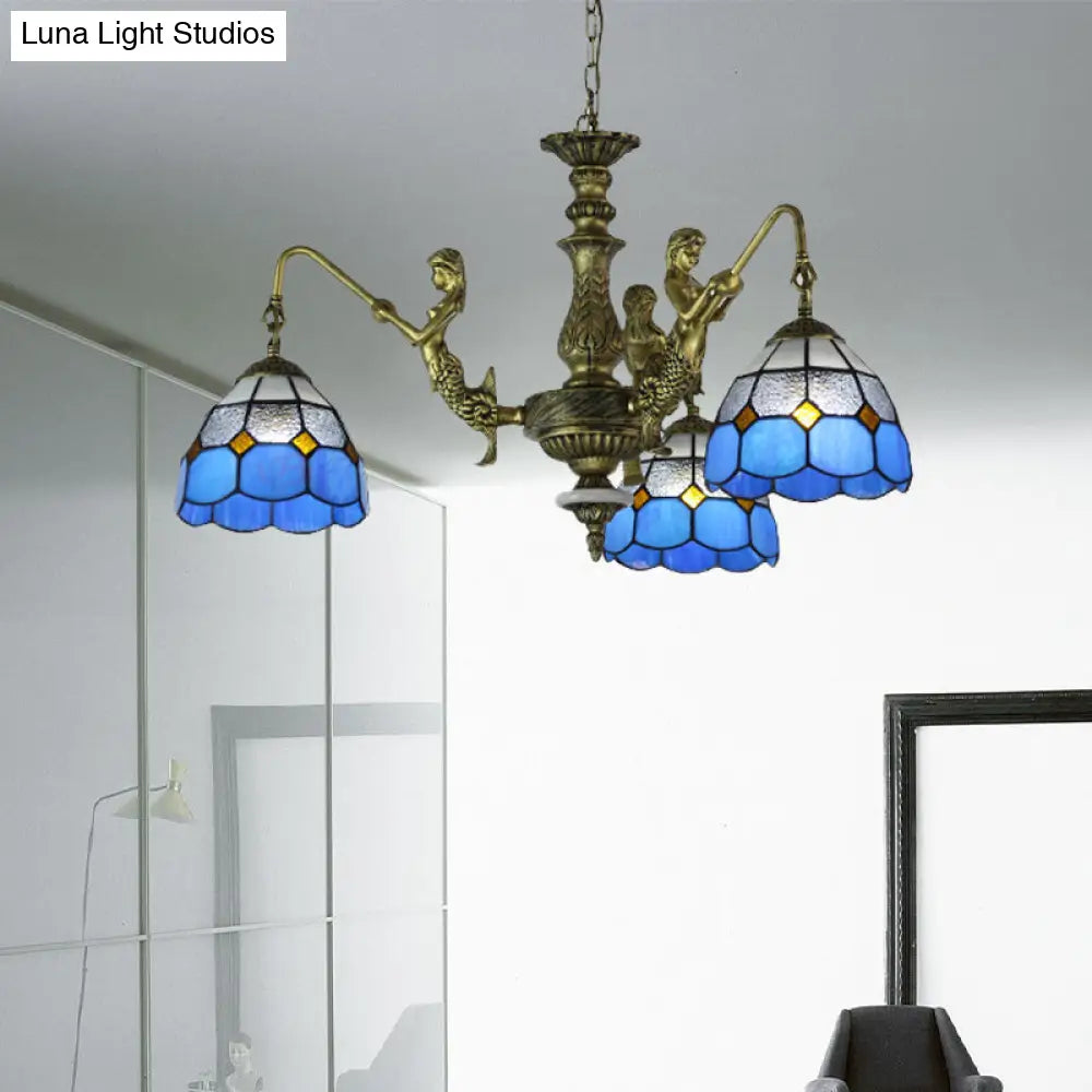Blue Stained Glass Chandelier with Grid Pattern and Baroque Suspension - 5/9/11 Lights