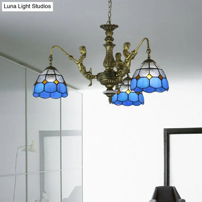 Blue Stained Glass Chandelier with Grid Pattern and Baroque Suspension - 5/9/11 Lights