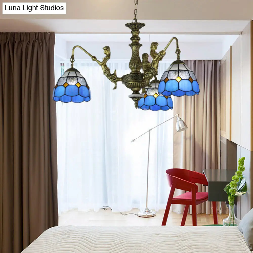 Blue Stained Glass Chandelier with Grid Pattern and Baroque Suspension - 5/9/11 Lights