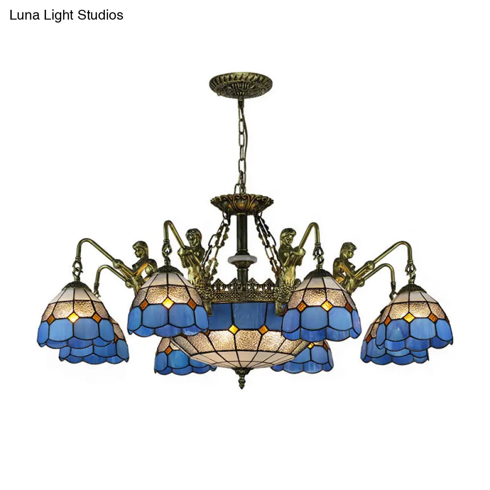 Blue Stained Glass Chandelier with Grid Pattern and Baroque Suspension - 5/9/11 Lights