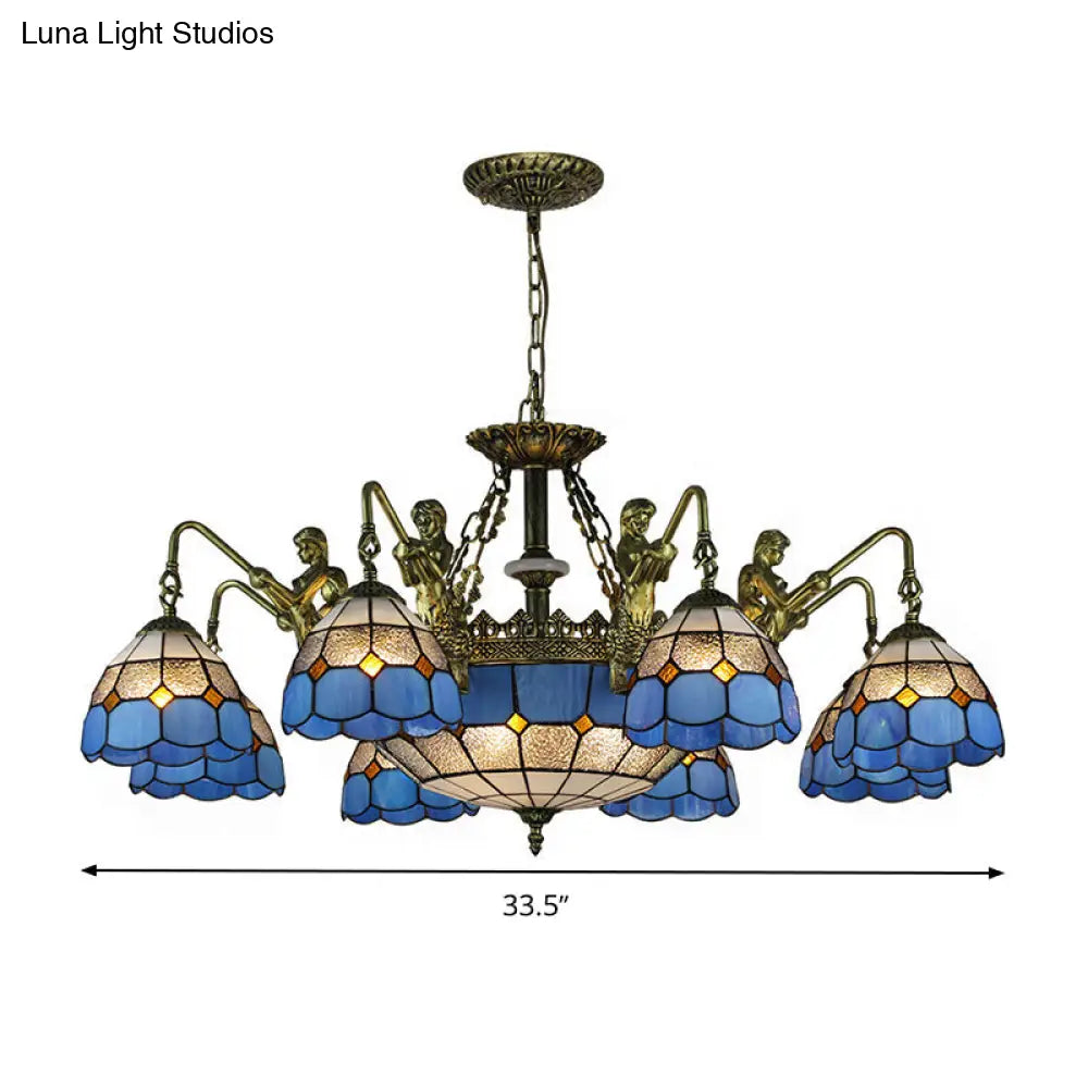 Blue Stained Glass Chandelier with Grid Pattern and Baroque Suspension - 5/9/11 Lights