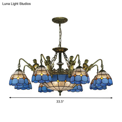Blue Stained Glass Chandelier with Grid Pattern and Baroque Suspension - 5/9/11 Lights