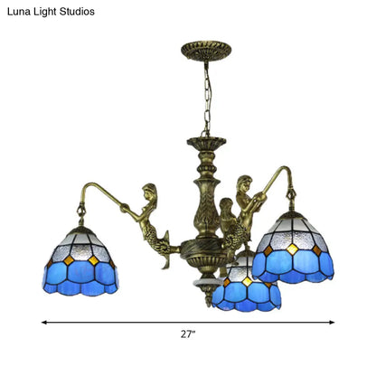 Blue Stained Glass Chandelier with Grid Pattern and Baroque Suspension - 5/9/11 Lights