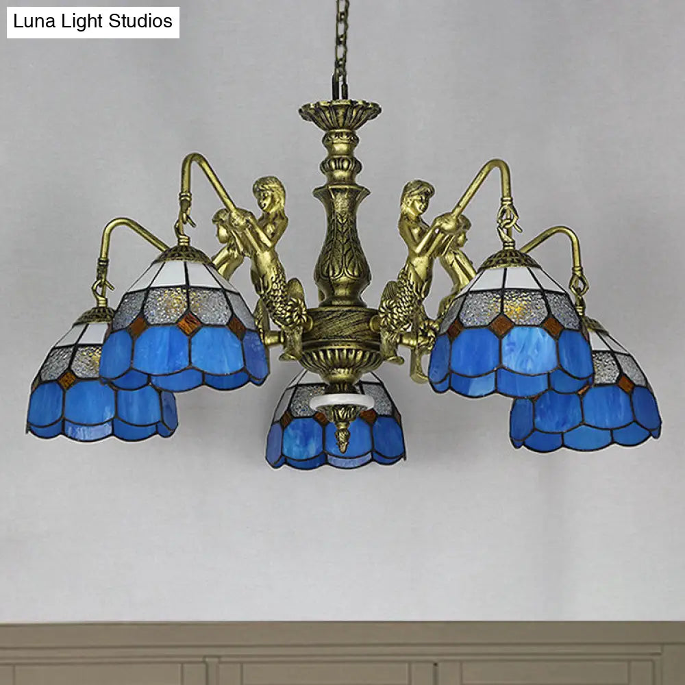 Blue Stained Glass Chandelier with Grid Pattern and Baroque Suspension - 5/9/11 Lights