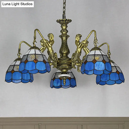 Blue Stained Glass Chandelier with Grid Pattern and Baroque Suspension - 5/9/11 Lights