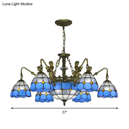 Blue Stained Glass Chandelier with Grid Pattern and Baroque Suspension - 5/9/11 Lights