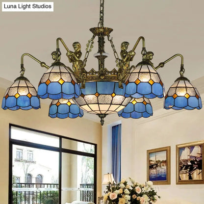 Blue Stained Glass Chandelier with Grid Pattern and Baroque Suspension - 5/9/11 Lights