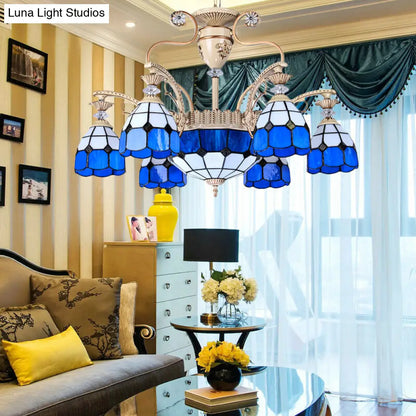 Lámpara de araña de vitral azul con diseño de cuadrícula Tiffany y 9 luces