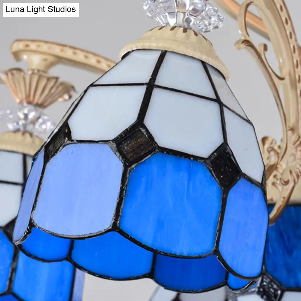 Lámpara de araña de vitral azul con diseño de cuadrícula Tiffany y 9 luces