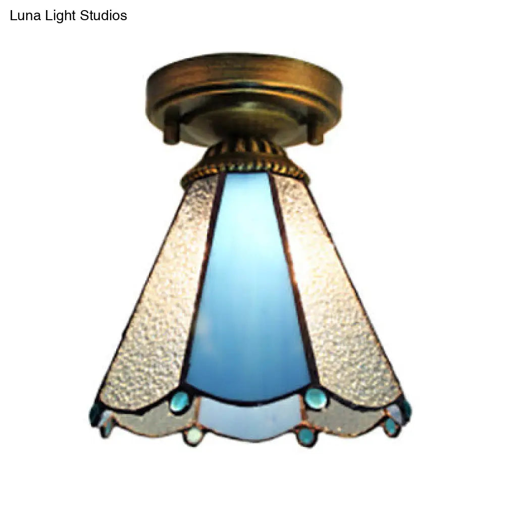 DecorBites™ DecorBites™ Blue Stained Glass Cone Flush Light - Lodge Style Ceiling Fixture for Corridor