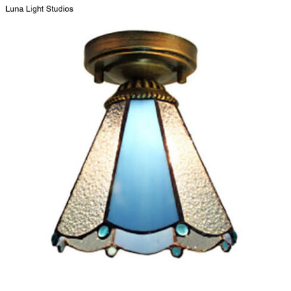 DecorBites™ DecorBites™ Blue Stained Glass Cone Flush Light - Lodge Style Ceiling Fixture for Corridor