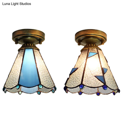 DecorBites™ DecorBites™ Blue Stained Glass Cone Flush Light - Lodge Style Ceiling Fixture for Corridor