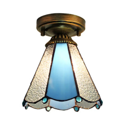 DecorBites™ DecorBites™ Blue Stained Glass Cone Flush Light - Lodge Style Ceiling Fixture for Corridor
